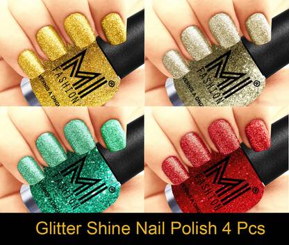 MI FASHION Platinum Collection 12 ml each Set of 4 Glitter High Shine Long Lasting Nail Polish Colors at Your Fingertips Combo No-09 Golden Gold, Silver Gold, Radium, Red