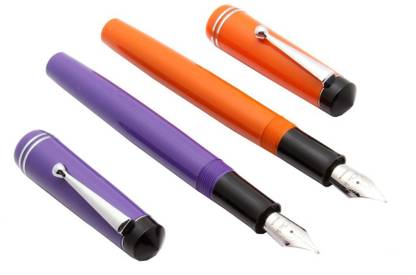 Ledos Set Of 2 - Click Aristocrat Acrylic Chrome Trims Fine Nib & Converter - Orange & Purple Fountain Pen
