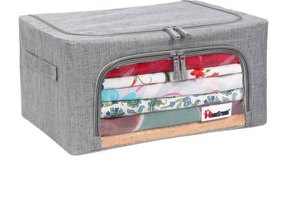 HomeStorie Living Box - Foldable Storage Boxes for Clothes, Saree Cover with Steel Frame Structure- 24 Litre, Pack of 1, Steel Grey
