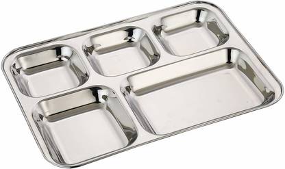 गिफ्टशूब tainless Steel Rectangle/Square Deep Dinner Plate with 5 Sections for Kids सेक्शन्ड प्लेट