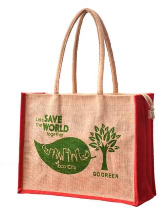 AGGDA Jute Shopping Grocery Bag Printed with Green City Medium Size with Long Cotton Rope Handle Women Tote Bag and Lunch Bag Waterproof Multipurpose Bag