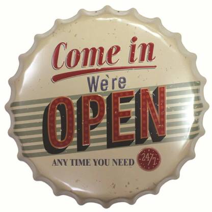 GEEKMONKEY "Come in we're open any time you need" Bottle Cap Decor Metal Tin for Home Bar Cafe Pub Charm Sign