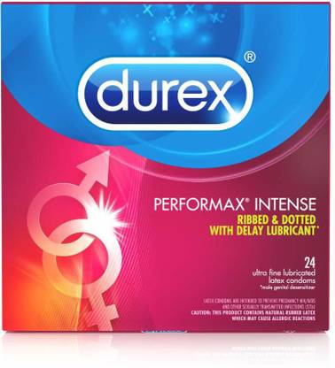 DUREX Performax Intense Ribbed Dotted Condoms with Delay Lubricant, 24 Count Condom