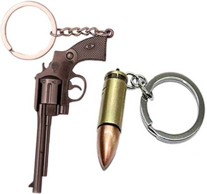 MGP FASHION Unique Combo Of Two Copper Golden Brown Small Bullet Goli Shape Metal Cross Fire Round Head With Mini Pistol Revolver Gun Party Gift Girl Boy Men Women Keyring Key Chain