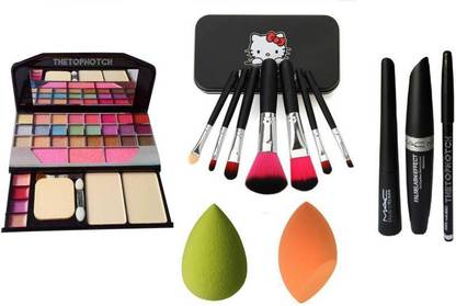 TheTopNotch Makeup Kit 6155 & Hello Kitty Brush Set Black & MAC EyeLiner Kajal Mascara (MAC 3 in1) & Multicolor 2 Puff Sponges (Set of 7)