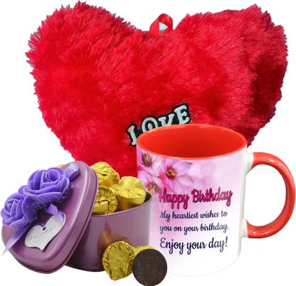 Midiron Beautiful Birthday Gifts Pack, 15 Dark Chocolate Bar With Birthday Wishes Quoted Printed Ceramic Mug and Soft Red Heart, Birthday Gifts For Your Love One's IZ19Choco15Tinbox4PurMUrHR-DTBirthday-06 Ceramic, Silk Gift Box