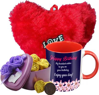 Midiron Beautiful Birthday Gifts Pack, 15 Dark Chocolate Bar With Birthday Wishes Quoted Printed Ceramic Mug and Soft Red Heart, Birthday Gifts For Your Love One's IZ19Choco15Tinbox4PurMUrHR-DTBirthday-09 Ceramic, Silk Gift Box
