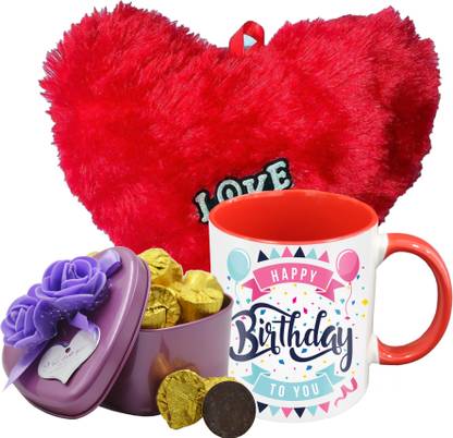Midiron Birthday Gift For Your Love One's That Comes With 15 Pieces Luxury Dark Chocolate in Tin Box, Printed Ceramic Mug and Soft Red Heart IZ19Choco15Tinbox4PurMUrHR-DTBirthday-98 Ceramic, Silk Gift Box