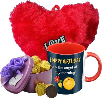 Midiron Beautiful Birthday Gifts Pack, 15 Dark Chocolate Bar With Birthday Wishes Quoted Printed Ceramic Mug and Soft Red Heart, Birthday Gifts For Your Love One's IZ19Choco15Tinbox4PurMUrHR-DTBirthday-01 Ceramic, Silk Gift Box
