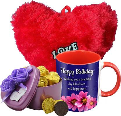 Midiron Beautiful Birthday Gifts Pack, 15 Dark Chocolate Bar With Birthday Wishes Quoted Printed Ceramic Mug and Soft Red Heart, Birthday Gifts For Your Love One's IZ19Choco15Tinbox4PurMUrHR-DTBirthday-03 Ceramic, Silk Gift Box