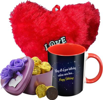 Midiron Lovely Birthday Gifts, 15 Dark Chocolate Bar in Tin Box with Printed Ceramic Mug and Soft Red Heart, Birthday Gifts for Your Special One's IZ19Choco15Tinbox4PurMUrHR-DTBirthday-29 Ceramic, Silk Gift Box