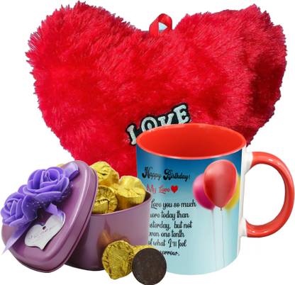 Midiron Lovely Birthday Gifts, 15 Dark Chocolate Bar in Tin Box with Printed Ceramic Mug and Soft Red Heart, Birthday Gifts for Your Special One's IZ19Choco15Tinbox4PurMUrHR-DTBirthday-22 Ceramic, Silk Gift Box