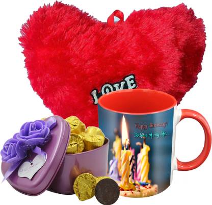 Midiron Birthday Gift For Your Love One's That Comes With 15 Pieces Luxury Dark Chocolate in Tin Box, Printed Ceramic Mug and Soft Red Heart IZ19Choco15Tinbox4PurMUrHR-DTBirthday-92 Ceramic, Silk Gift Box