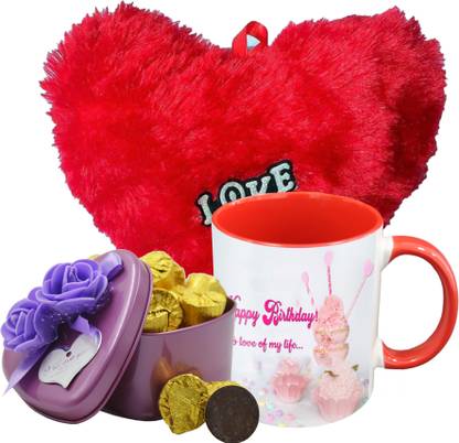 Midiron Birthday Gift For Your Love One's That Comes With 15 Pieces Luxury Dark Chocolate in Tin Box, Printed Ceramic Mug and Soft Red Heart IZ19Choco15Tinbox4PurMUrHR-DTBirthday-83 Ceramic, Silk Gift Box