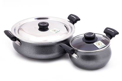 COCONUT Non Stick Gravy Pot(S.S.Lid) & Belly Pot(Glass Lid) Induction Base Cooking Pot Combo Set of 2 Induction Bottom Non-Stick Coated Cookware Set