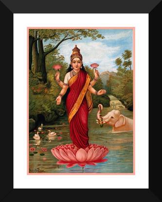 Goddess Lakshmi - Oleograph Print - Raja Ravi Varma - Indian Painting - Small Poster Paper - Framed (12 x 17 inches) Paper Print
