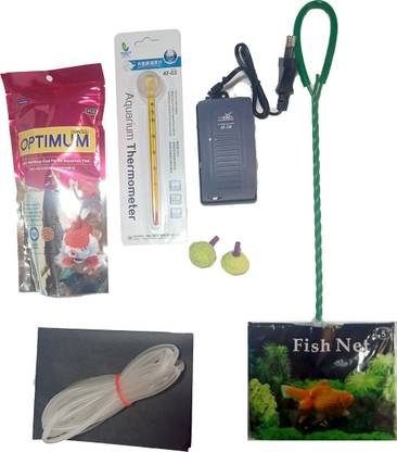 MASHKI AQUARIUM KIT WITH AIR-MOTOR, THERMOMETER, FISH FOOD, FISHING NET WITH AIR-PIPE & STONE Aquarium Tool