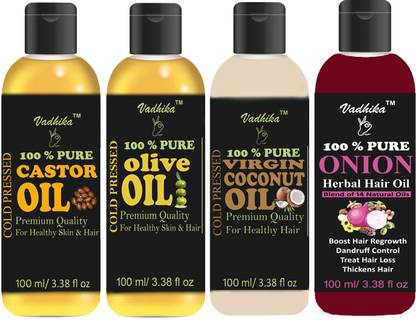Vadhika Premium Castor oil,Olive oil,Coconut oil & Onion oil Combo of 4 bottles of 100 ml(400ml) Hair Oil (400 ml) Hair Oil