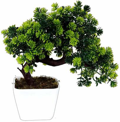 Yutiriti Plastic Bonsai Plant Tree Flowers (22 cm x 10 cm x 22 cm, Green) Bonsai Wild Artificial Plant  with Pot