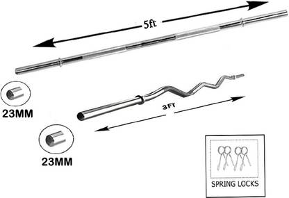 L'AVENIR Gym & Fitness 5ft STRAIGHT ROD & 3ft BEND Rod (23mm each) with Rod LOCKS Weight Lifting Bar