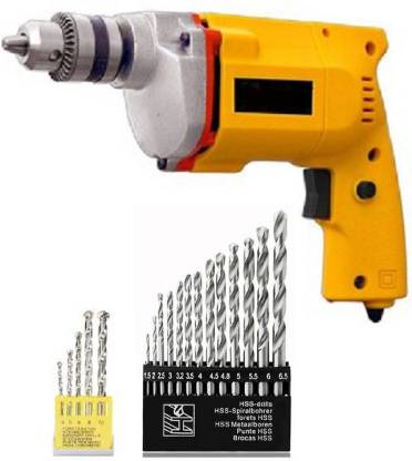 Inditrust 10Mm 350W Drill Machine With 13Pcs Hss Drill Set & 5Pcs Masonary Drill Set For Wall,Concrete Pistol Grip Drill