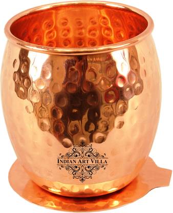 IndianArtVilla Copper Round Hammered Glass with Coaster Glass Water/Juice Glass