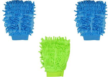 Peegli Blue Green Combo of 3 Microfibre Gloves Household LCD Glass Car Cleaning Double Sided Super Soft Mitt Multipurpose Elastic Cuff Gloves Wet and Dry Glove Set