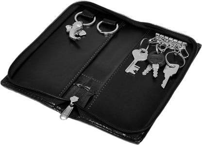 RESKA Leather Long Pouch Holder Case Wallet with 6 Hooks and 2 Key Ring Zipper Closure Leather Key Holder
