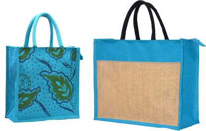 AGGDA **2 BAGs COMBO**Dual Color Jute Burlap Large Big Size Handbag Bag Working Office Bag to Carry Grocery or Box Files for Office && Green Leaves Printed with Rope Handle Jute Tiffin Lunch Handbag. Waterproof Multipurpose Bag