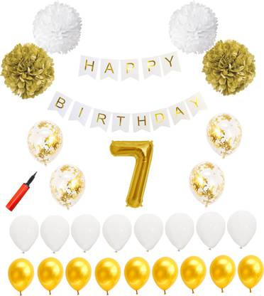 Bash N Splash Solid White & Gold 7th Birthday Party Decoration Pack (Pack of 61) Balloon