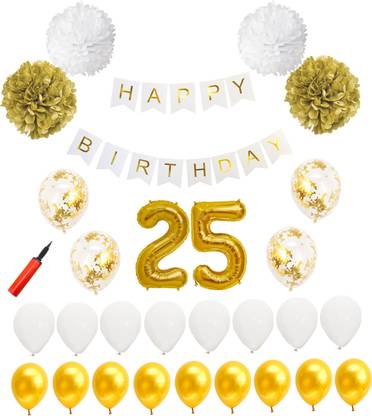 Bash N Splash Solid White & Gold 25th Birthday Party Decoration Pack (Pack of 61) Balloon