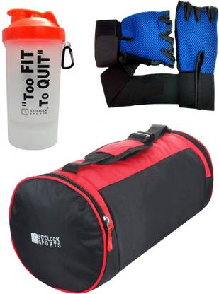 5 O' CLOCK SPORTS Combo Of Leatherite Red Gym Bag , and Too fit orange shaker with Blue gloves Gym & Fitness Kit Fitness Accessory Kit Kit