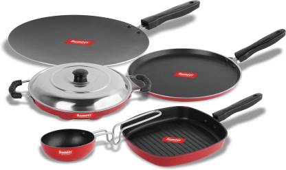 Sumeet Red Tom Non Stick Cookware Set of 2.6mm Thick (Dosa Tawa – 26.5cm Dia + Grill Appam Patra With Lid – 23cm Dia + Grill Pan – 1.1Ltr Capacity – 22cm Dia + Tadka Pan – 10cm Dia + Tadka Pan – 10cm Non-Stick Coated Cookware Set