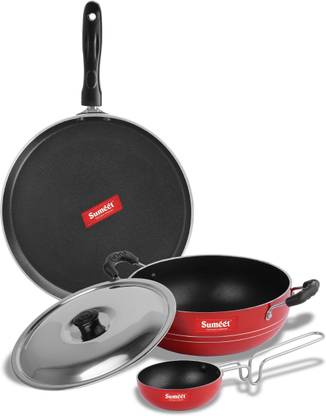 Sumeet Harkin Non Stick Combo Set of 2.6mm Thick (Dosa Tawa – 26.5cm Dia + Kadhai With Lid – 1.5Ltr capacity- 20cm Dia + Tadka Pan – 10cm Dia) Non-Stick Coated Cookware Set