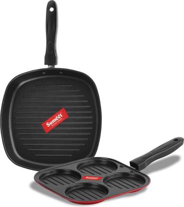 Sumeet Ready Non Stick Cookware Set of 2.6mm Thick (Mini Multi Snack Maker – 19.5cm Dia + Grill Pan – 1.1Ltr Capacity – 22cm Dia) Non-Stick Coated Cookware Set