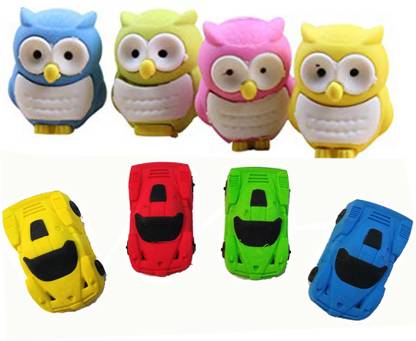 TECHNOCHITRA Unique Car and Owl Shaped Erasers for Kids Non-Toxic Eraser