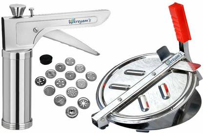 Kreyam's Combo of Premium SS Kithcen Press with 15 SS Jalis and SS Puri/Roti/Papad Maker Machine (7.5 INCH) Roti and Khakra Maker