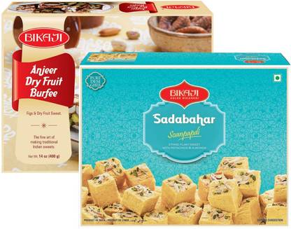 Bikaji Aslee Bikaneri Bikaji Sadabhar soan Papdi 200g and Anjeer Barfi 400g (Pack of 2) Box