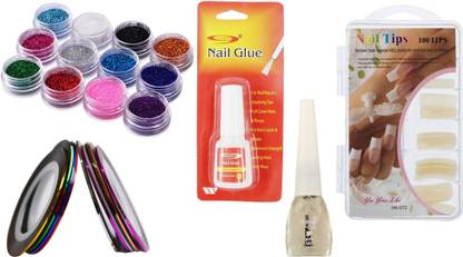 Looks United 100 ABS Artificial Nails, 12 Color Nail Glitter, 10 Nail Art Striping Tape Rolls, 1 Top Coat, 1 Nail Glue