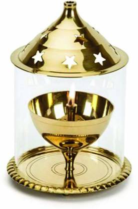 SHRI ANAND Akhand Diya Brass Akhand Jyot Diya with Molded Glass & Plate, Oval Shape, Diwali Oil Puja Lamp (Small, Brass) Brass Table Diya