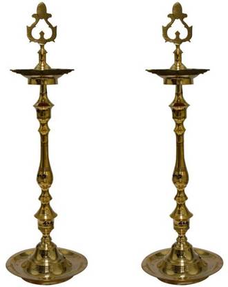 Puja N Pujari Puja N Pujari Brass Long Diyas Set/Brass Diya Stand for Pooja/Deepam Set(16 Inch) Brass (Pack of 2) Table Diya Set
