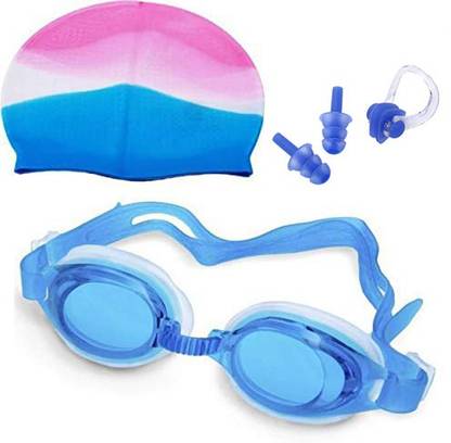 L'AVENIR Swimming Multi Color Cap & Goggles, Ear & Nose Plug Swimming Kit