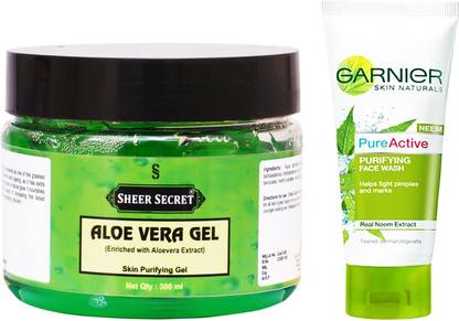 Sheer Secret Aloe Vera Gel 300ml and Garnier Pure Active Neem Face Wash 100ml