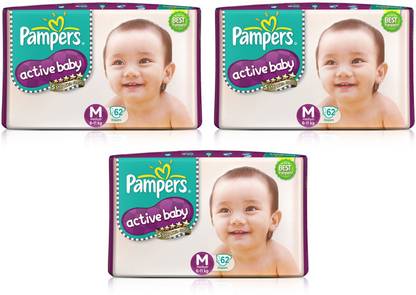 Pampers ACTIVE BABY TAPED DIAPERS, SIZE MEDIUM, 62 PCS. PACK, SET OF 3 PACKS, TOTAL 186 DIAPERS - M