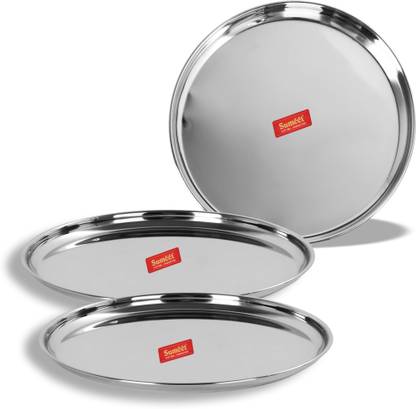 Sumeet Stainless Steel Heavy Gauge Dinner Plates with Mirror Finish 22cm Dia - Set of 3pc Sectioned Plate