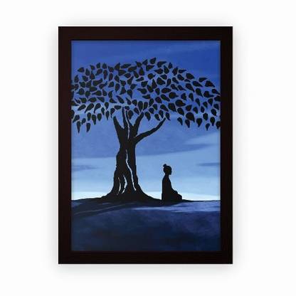 Buddha Meditating Under Tree Framed Poster For Wall Hanging or Desk (Matte Laminated, 24x18cm, Dark Brown, Small) Paper Print