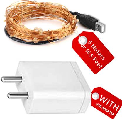 Mansaa 5m, 50 LEDs USB String Lights for All Purpose Decoration with USB Adapter 50 LEDs 5 m Gold, Yellow Steady String Rice Lights