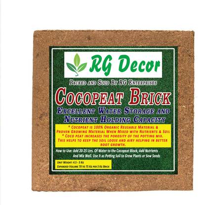 RGDECOR Coco Peat Block (4.5 to 5 kg block Approx.) - Expands upto 70 to 75 litres of Cocopeat Soil Manure Manure