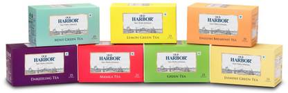 Old Harbor Tea Combo Pack-(A pack of plain, mint, lemon, jasmine green tea, darjeeling tea, masala tea & english breakfast tea) Mint, Lemon, Jasmine Green Tea Bags Box