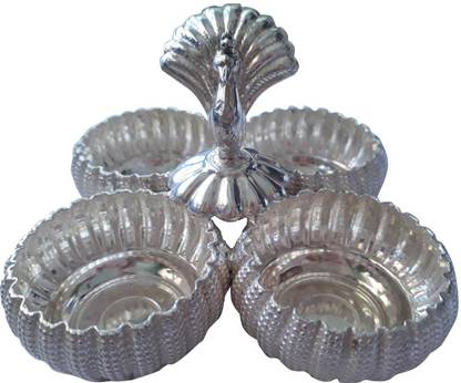 Aadnya Jewels Silver Four Attached Haldi Kumkum with Peacock Designer box (Karanda) Decorative Showpiece  -  5.5 cm